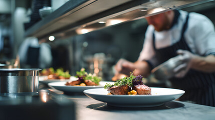 Professional chef plating gourmet food inside a luxury restaurant kitchen, wearing chef uniform and apron