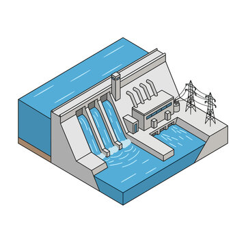 Isometric illustration of a hydroelectric dam generating renewable energy