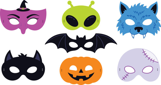 Halloween Costume Mask Collection Featuring Witch, Alien, Wolf, Bat, Cat, Pumpkin, and Monster Face Masks in Colorful Vector Illustration Set
