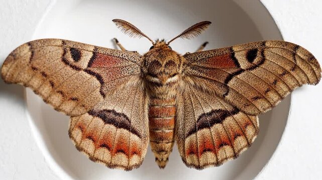 Detailed macro view of a large brown moth with intricate wing patterns