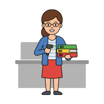 Librarian scanning books with a barcode reader in a library setting