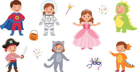 Naklejka premium Kids Costume Character Collection Featuring Superhero, Princess, Astronaut, Pirate, Dinosaur, Cat, and Carnival Party Vector Illustrations
