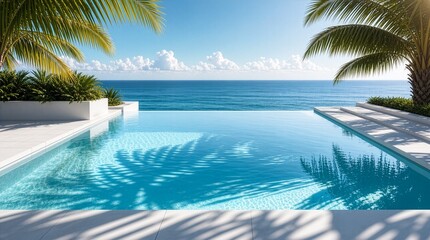 Fototapeta premium Luxury Tropical Villa Infinity Pool Overlooking the Blue Ocean with Palm Trees and Clear Sky