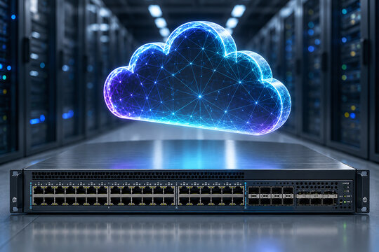 Enterprise Network Switch with Floating Cloud Hologram in Modern Data Center Infrastructure