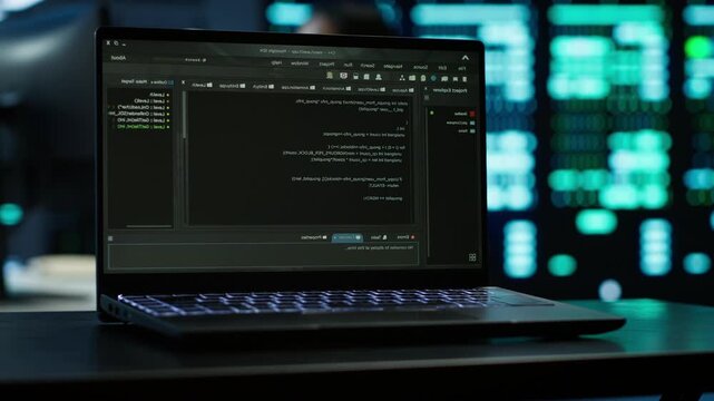 Engineer monitors cybersecurity risks in a data center with a laptop, bringing together network security, data protection and regulatory compliance while protecting operational reliability