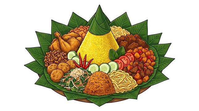 Traditional indonesian tumpeng yellow rice with assorted side dishes