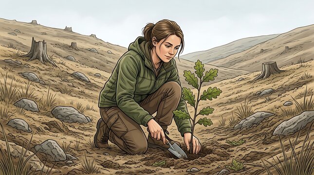 Young woman planting a tree sapling in a deforested landscape
