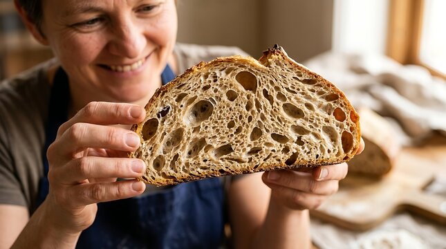 Smiling woman holding a rustic slice of sourdough bread with open crumb