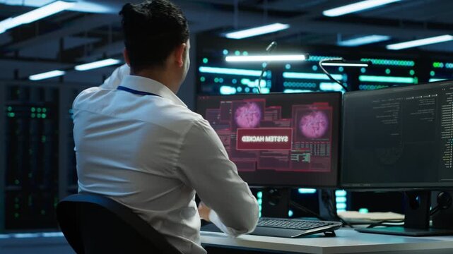 Cybersecurity team responds to a firewall breach in a technical server room, connecting firewall breach response, data protection and security monitoring inside secure data center operations