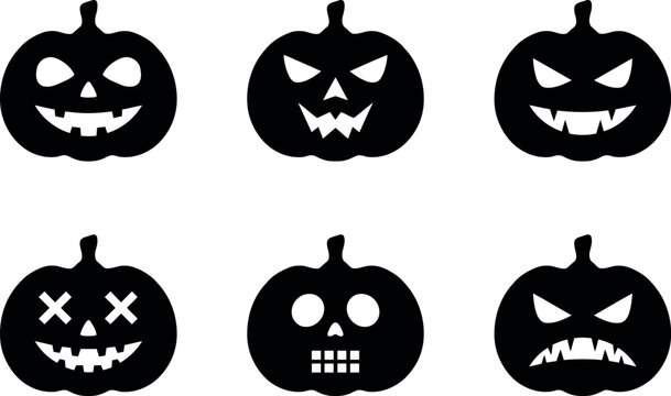 A collection of six black silhouette pumpkin icons with various scary faces for halloween design and holiday decoration projects