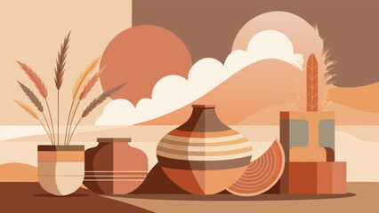 Minimalist terracotta still life with pottery and dry grass terracotta minimalist abstract illustration interior aesthetic botanical composition background contemporary scandinavian © Joy Dev