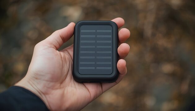 Person holding compact portable solar power bank outdoors for sustainable off grid energy charging needs with natural forest background powered battery charger