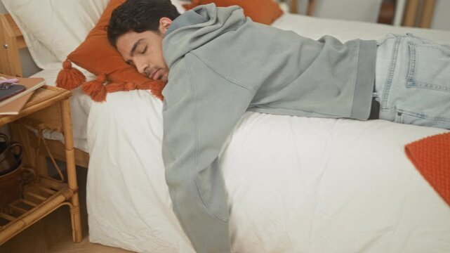 Man sleeping face down with arm hanging off bed, head on an orange tassel pillow in bedroom; quiet exhaustion.