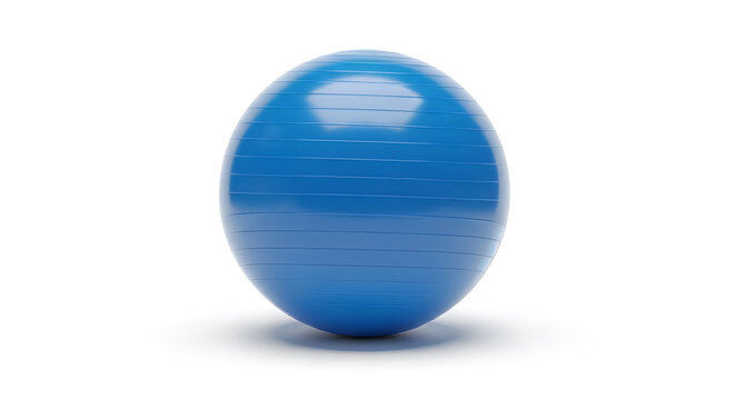Blue exercise ball with white logo on white surface