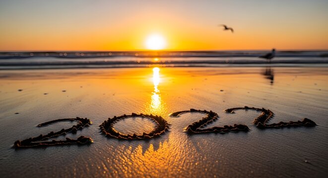 2022 written in beach sand at sunset