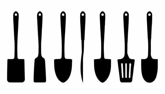 Set of Black Silhouette Cake Server and Pie Spatula Icons Isolated on White Background
