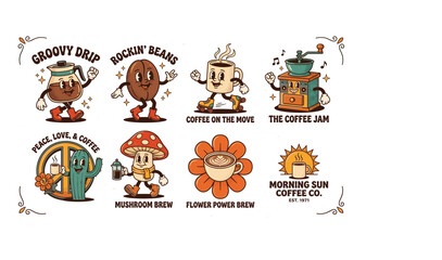 Fototapeta premium Set of retro cartoon funny drink characters. Coffee cup, coffe on the move, morning shine coffe, peace love and coffe, coffee grinder, mushroom, flower. Vintage vector illustration. Nostalgia
