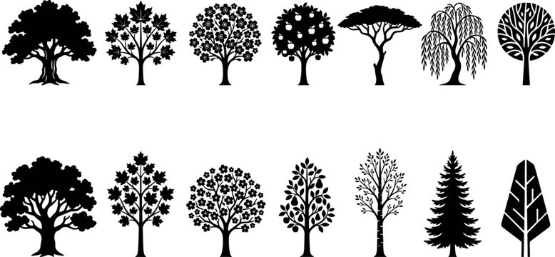 Diverse tree species silhouette set featuring oak maple willow pine apple fruit blossom botanical nature elements and geometric forest icons vector pack