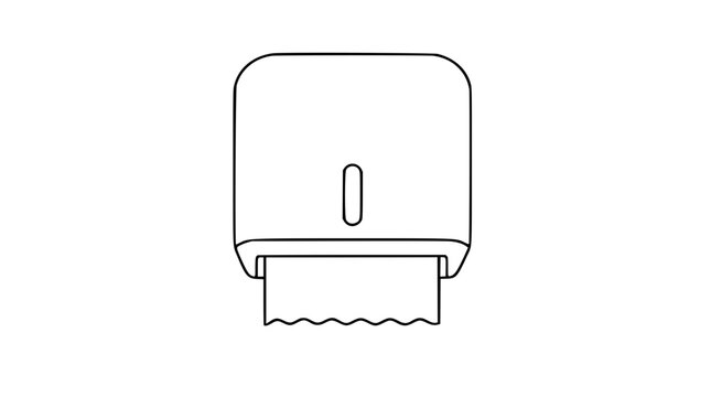 Minimalist hand-drawn vector icon illustration of wall-mounted paper towel dispenser, clean outline line art graphic for bathroom, kitchen and commercial space design, scalable editable asset