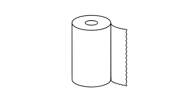 A clean, minimalist black and white line art illustration of a paper towel roll with a sheet unrolling, ideal for cleaning supplies or household goods vector icon design and scalable graphics.