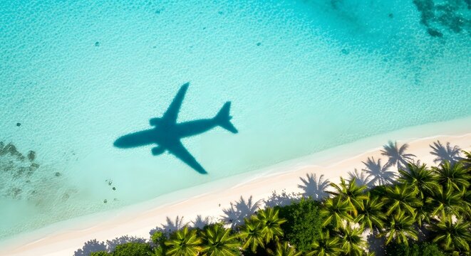 Airplane shadow on turquoise ocean near tropical beach