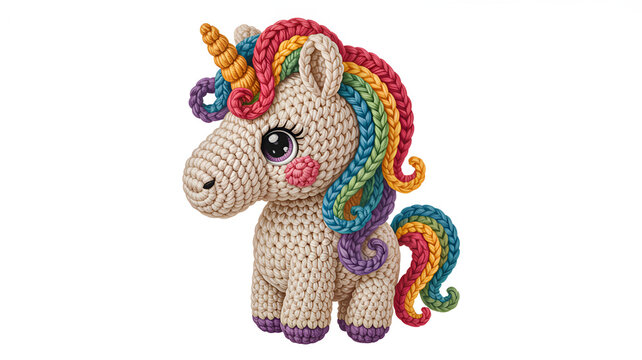 Handmade crochet unicorn toy with rainbow mane and tail. Colorful knitted plush fantasy creature for children's room decor.