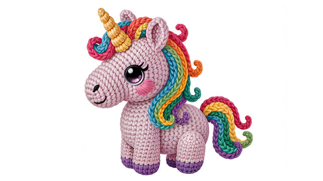Colorful crochet unicorn plush toy standing on white. Handmade rainbow yarn stuffed animal for kids and collectors.