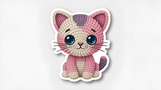 Handmade crochet pink cat plush toy sitting on white background. Soft knitted kitten stuffed animal for children's gifts and nursery decor.