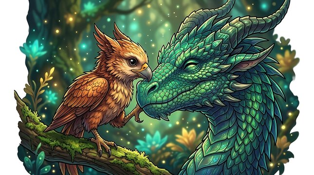 Little mythical griffin interacting with a gentle green forest dragon