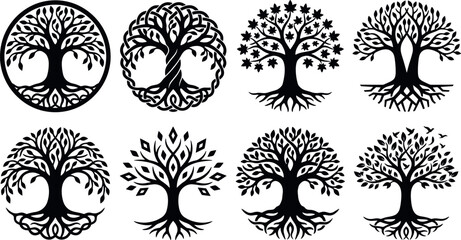 Celtic tree of life silhouette logo set featuring circular mystical roots braided trunks yggdrasil nodes and botanical nature emblem vectors pack © MstAduri
