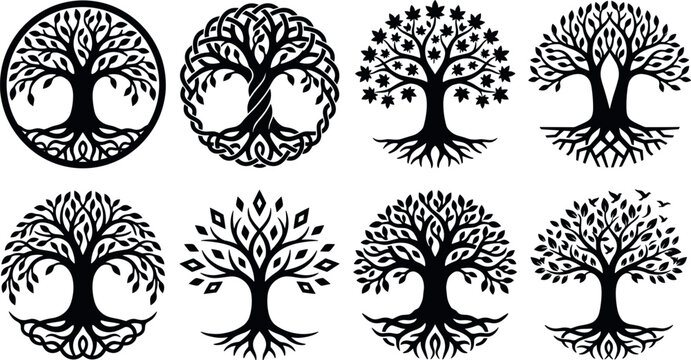 Celtic tree of life silhouette logo set featuring circular mystical roots braided trunks yggdrasil nodes and botanical nature emblem vectors pack