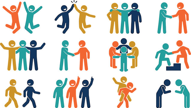 Colorful flat stick figure people icon collection showcasing unity teamwork friendship success handshake support and diverse community collaboration icons vector