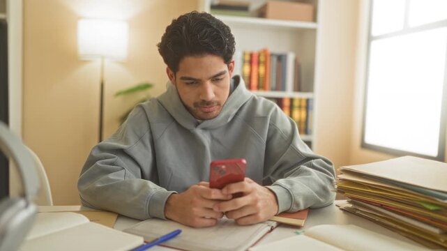 Man holding red smartphone and gesturing in frustration while studying at a building desk surrounded by books, notebooks and folders; frustration study.