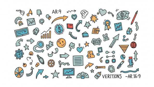 Hand drawn doodle icon set containing business arrows graphs elements and symbols in vector style