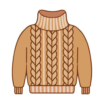 A warm knitted brown turtleneck sweater stands isolated against a black background in a detailed flat vector style depicting winter comfort.