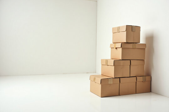 Stacked cardboard boxes packed and sealed with tape against white clean wall ready for shipping storage or moving purposes with copy space