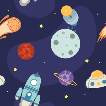 Seamless pattern with cute outer space astronaut and planets vector