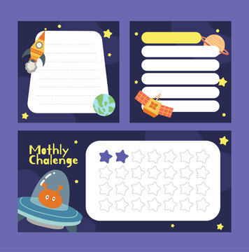 Cute space memo pad background template with astronaut and planet illustration