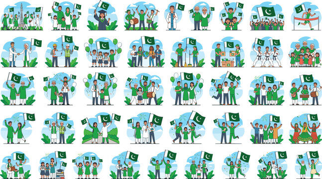 Pakistan Independence Day celebration icons, set of 40 vector illustrations, diverse Pakistani people holding national flags for August 14th