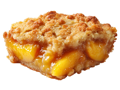 Fresh peach cobbler with juicy peach filling and a golden buttery crumb topping, isolated on a white background.