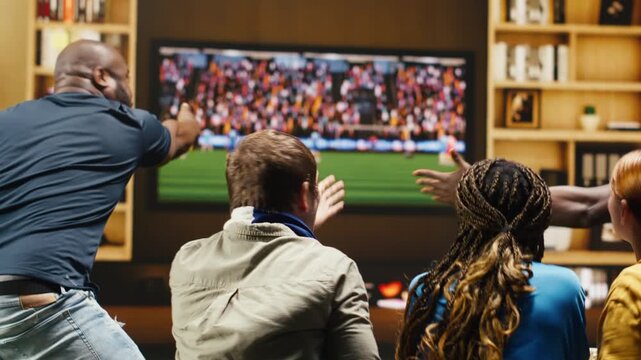 Football supporters argue over a referee decision at home, shouting and raising hands as soccer fans show frustration with frantic gestures during a tense game.