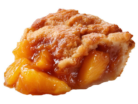 Homemade peach cobbler with juicy peach filling and a buttery golden crust, isolated on a white background.