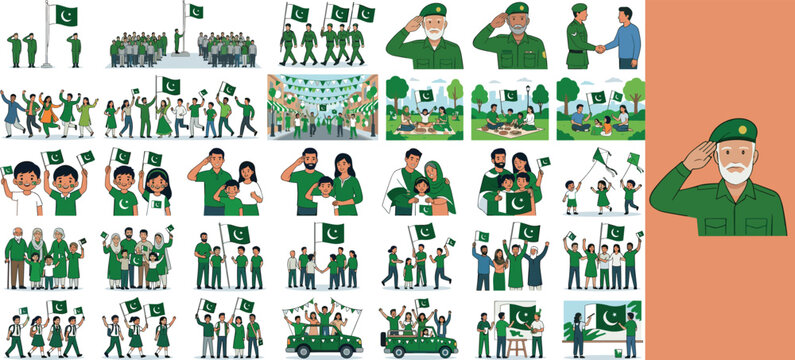Pakistan Independence Day vector illustration set, patriotic people celebrating with national flags, 28 diverse scenes of military and civilian pride