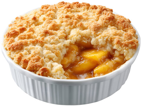 Homemade peach cobbler with juicy peach filling and a golden buttery crumble topping in a white baking dish, isolated on white.