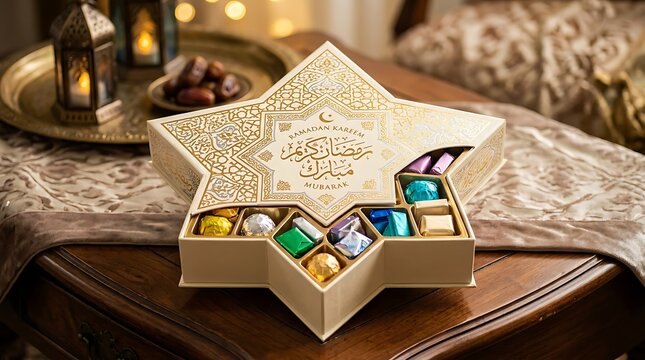 Star Shaped Ramadan Kareem Gift Box with Assorted Wrapped Chocolates and Traditional Lanterns