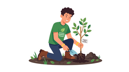 Young Male Volunteer Planting Tree for School Environmental Project Illustration