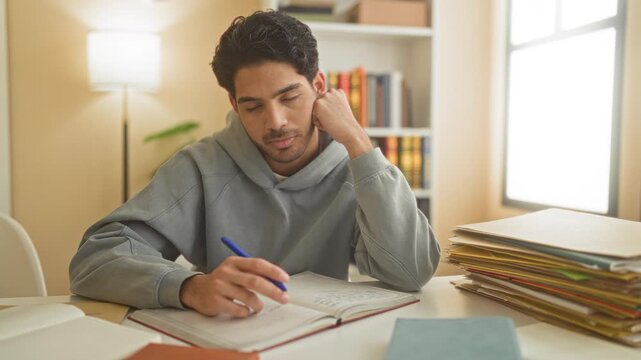 Man studying and writing with pen, resting chin on hand amid open notebook, book stack and folders on desk inside a building; quiet concentration.