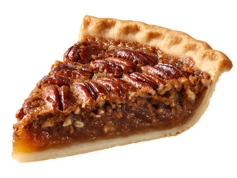 Single slice of pecan pie with rich caramel filling, crunchy pecans, and flaky crust, isolated on a white background.