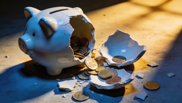 Broken Piggy Bank with Scattered Coins, Financial Loss Concept