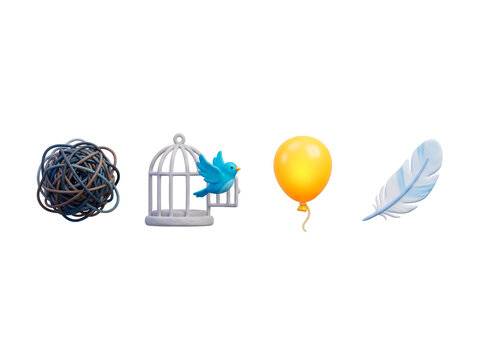 Mental health awareness symbols including a tangled mess, a bird escaping a cage, a yellow balloon, and a feather PNG Isolated on transparent background